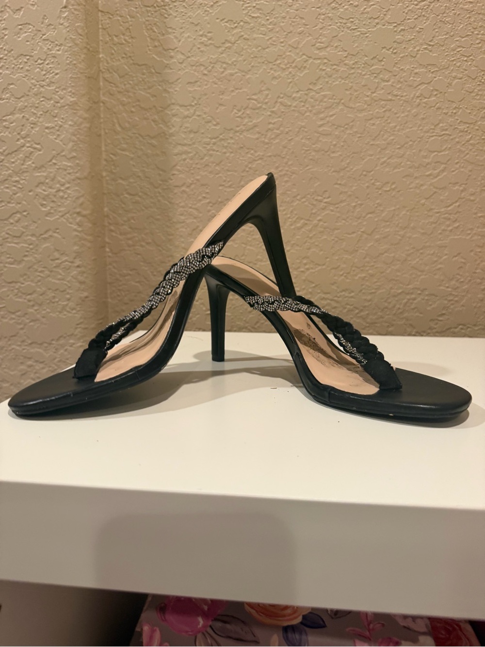 bebe Black Braided Rhinestone Thong Stiletto Heels